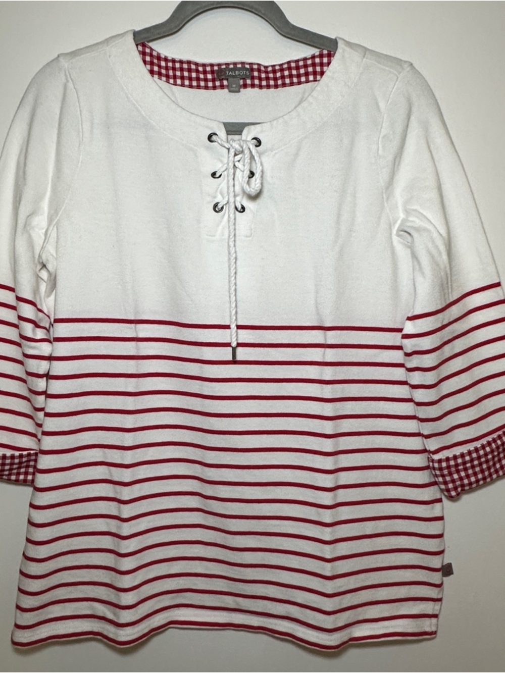 Talbots White & Red Striped Lace-Up Top